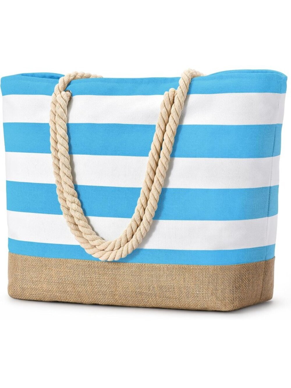 Women's Blue Large Canvas Jute Beach Tote Bag Sandproof Swim Pool Bag Zipper